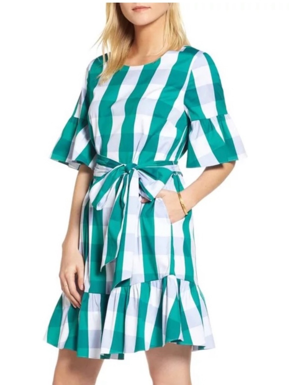 1901 ruffle and bow dress Green and White Striped Tie-Belt Ruffle Dress medium